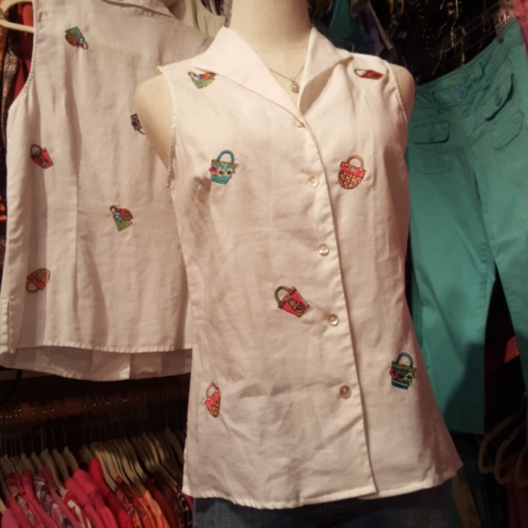 RICHARD MALCOLM ♡ Embroidered|Embellished Sequins Irish Linen Sleeveless Top S - Picture 4 of 12